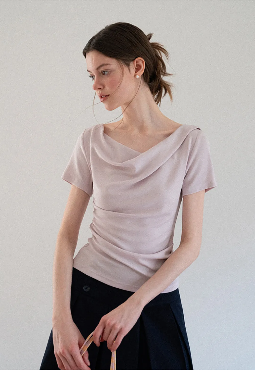 Asymmetrical Draped Neckline Short Sleeve Top