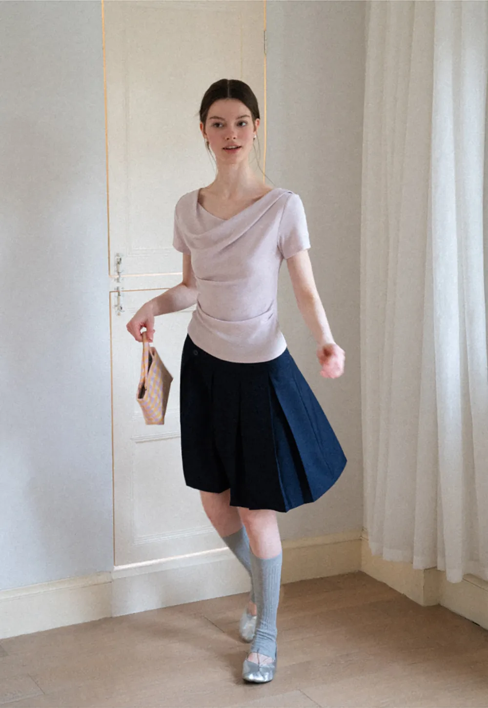 Asymmetrical Draped Neckline Short Sleeve Top