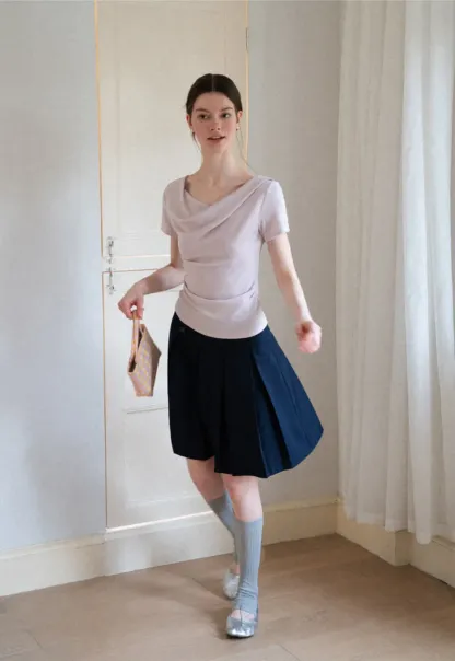 Asymmetrical Draped Neckline Short Sleeve Top