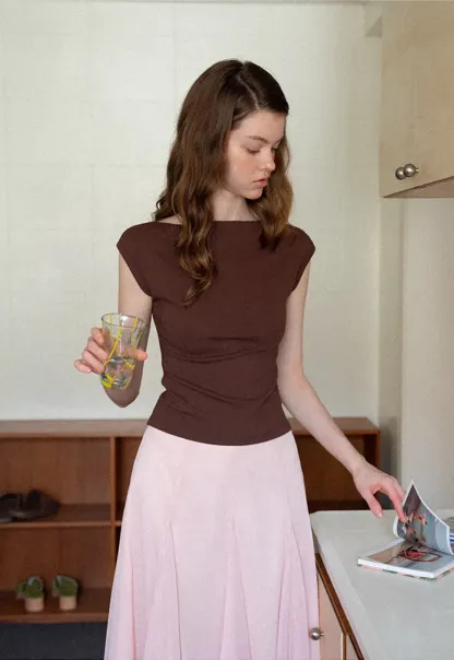 Off Shoulder Cap Sleeve Fitted Tshirt