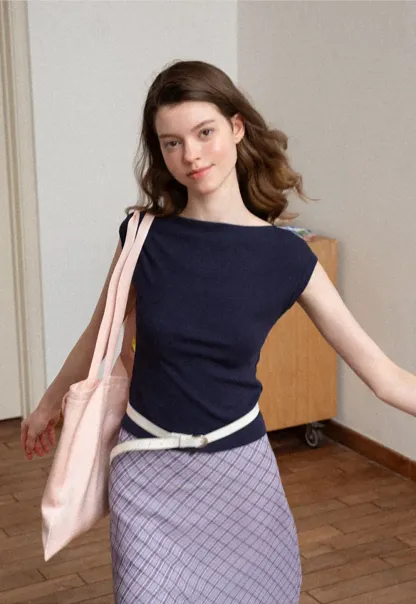 Off Shoulder Cap Sleeve Fitted Tshirt