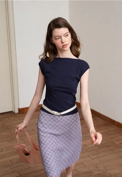 Off Shoulder Cap Sleeve Fitted Tshirt