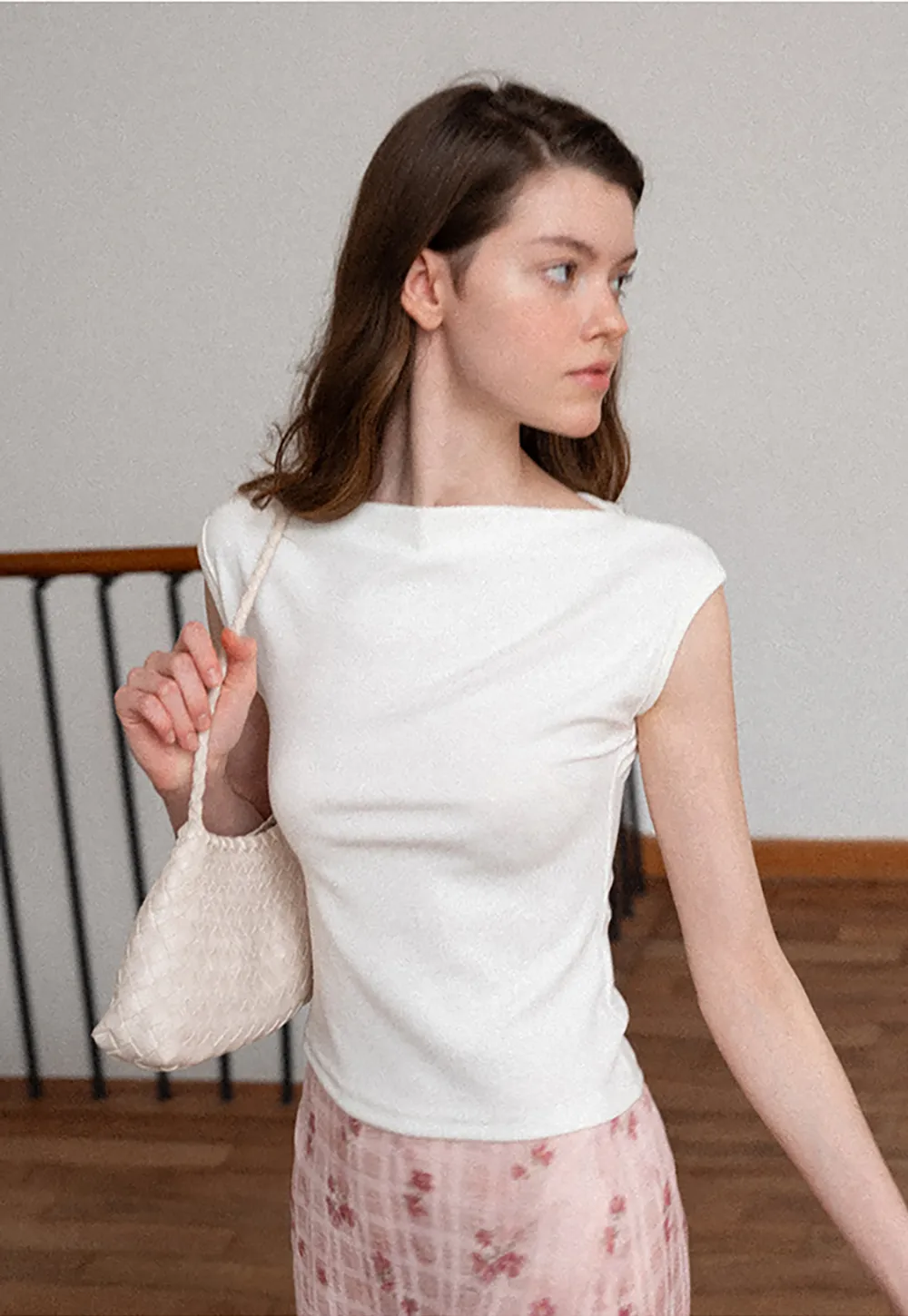 Off Shoulder Cap Sleeve Fitted Tshirt