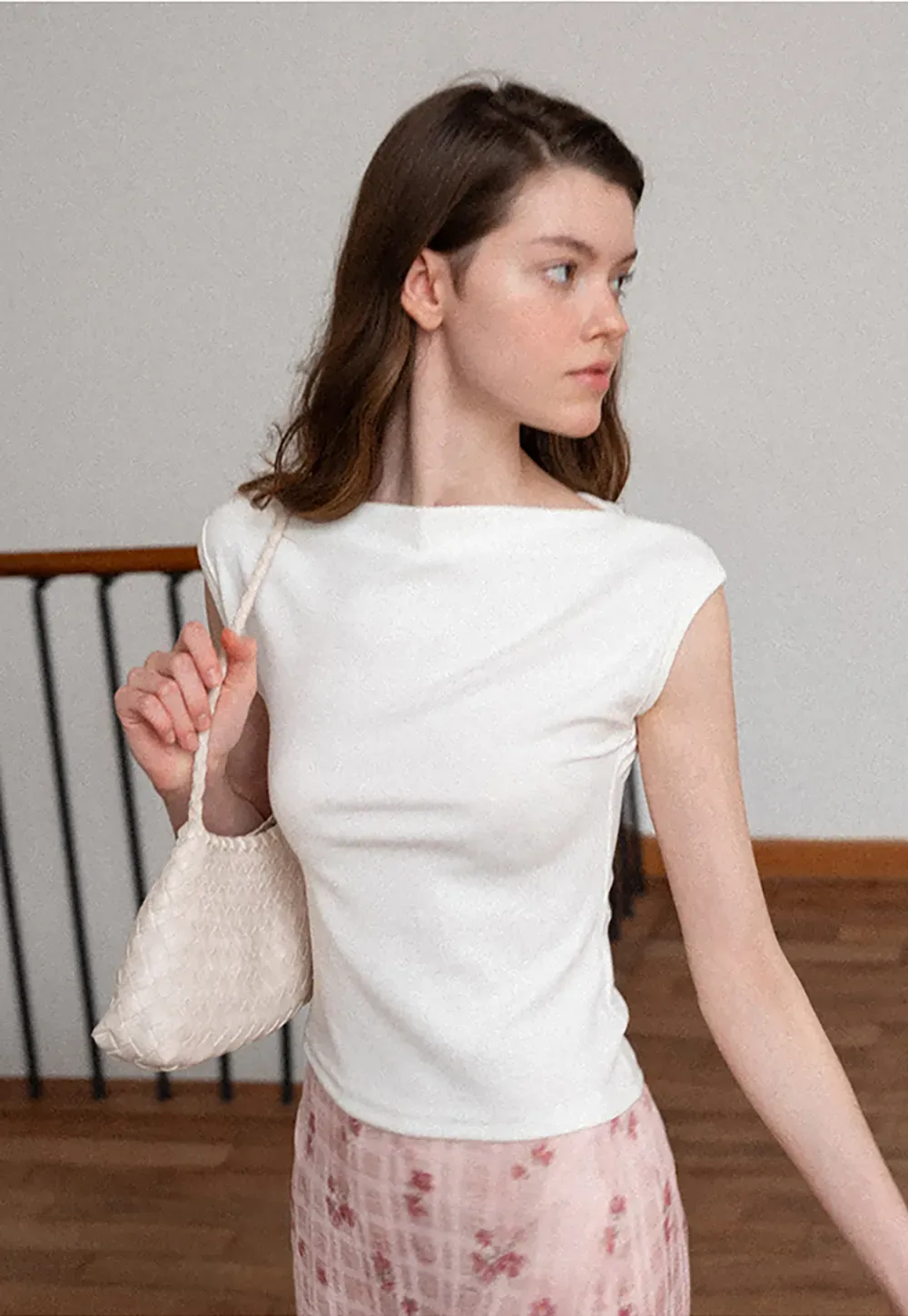 Off Shoulder Cap Sleeve Fitted Tshirt