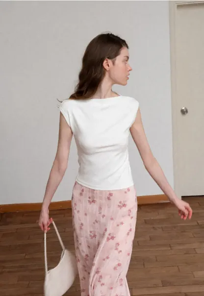 Off Shoulder Cap Sleeve Fitted Tshirt