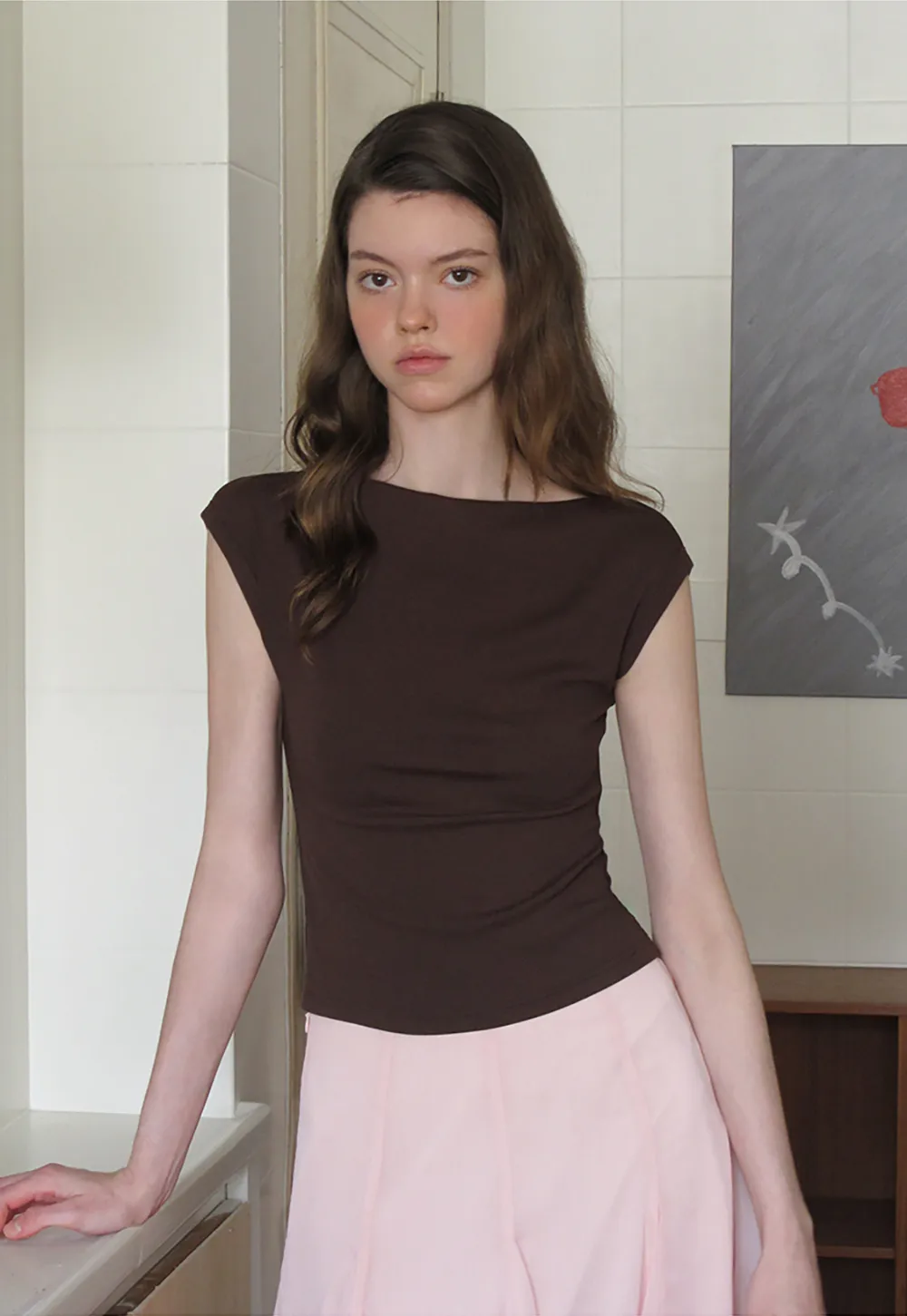 Off Shoulder Cap Sleeve Fitted Tshirt