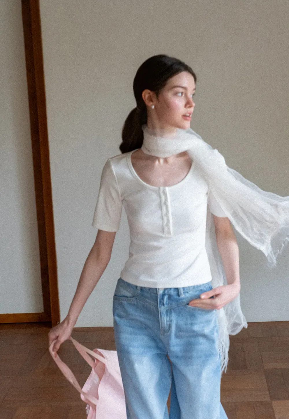 Round Neck Short Sleeve T Shirt With Front Placket Detail