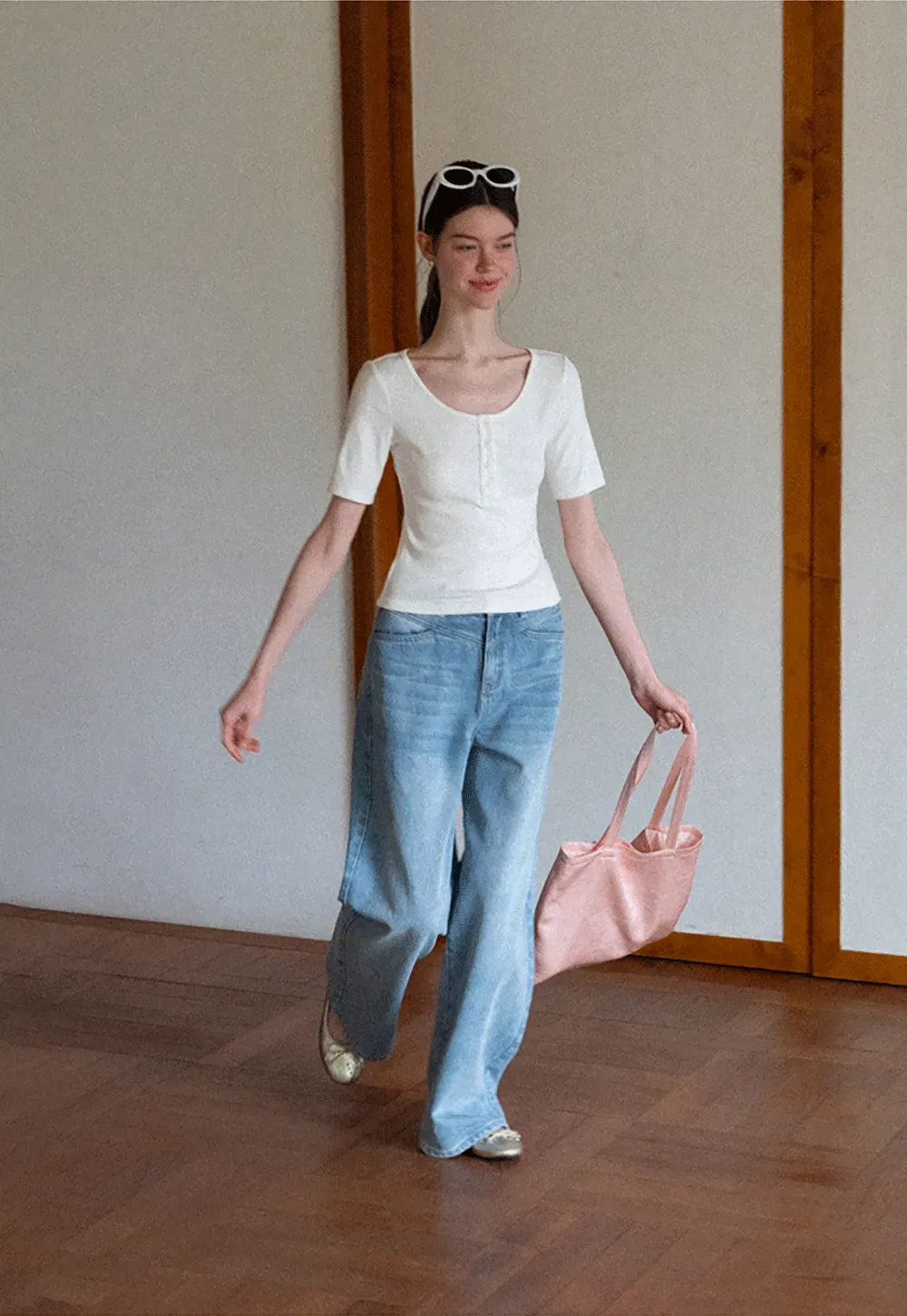 Round Neck Short Sleeve T Shirt With Front Placket Detail