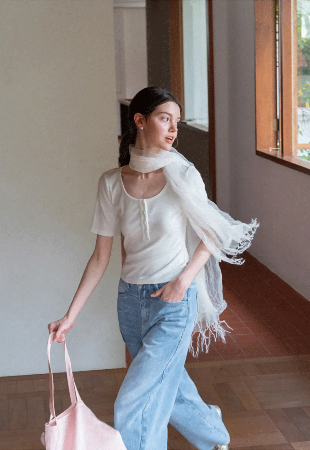 Round Neck Short Sleeve T Shirt With Front Placket Detail