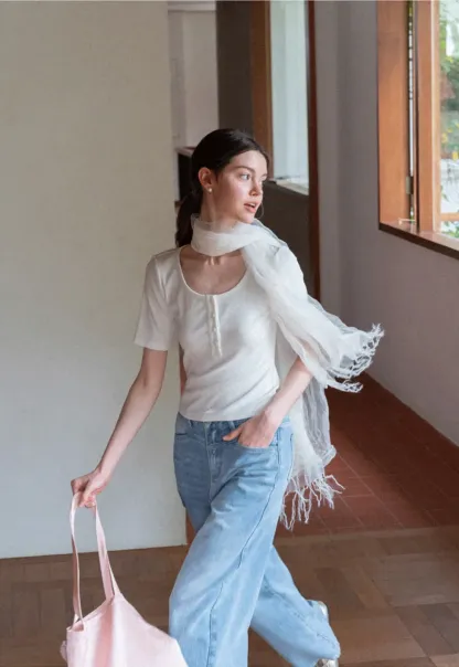 Round Neck Short Sleeve T Shirt With Front Placket Detail