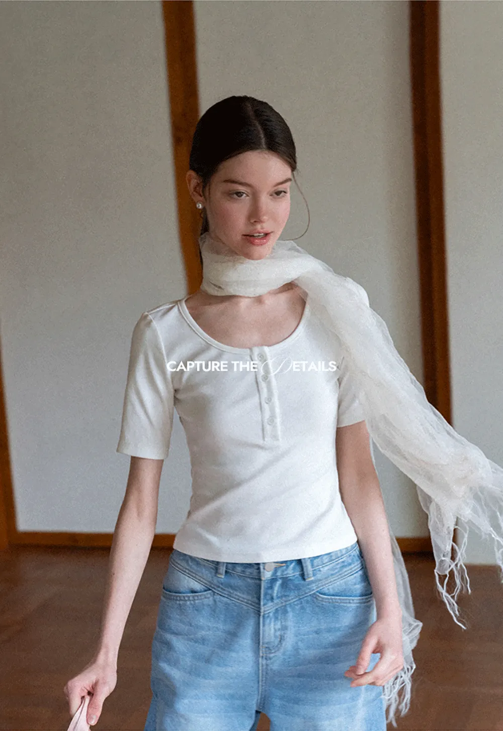 Round Neck Short Sleeve T Shirt With Front Placket Detail