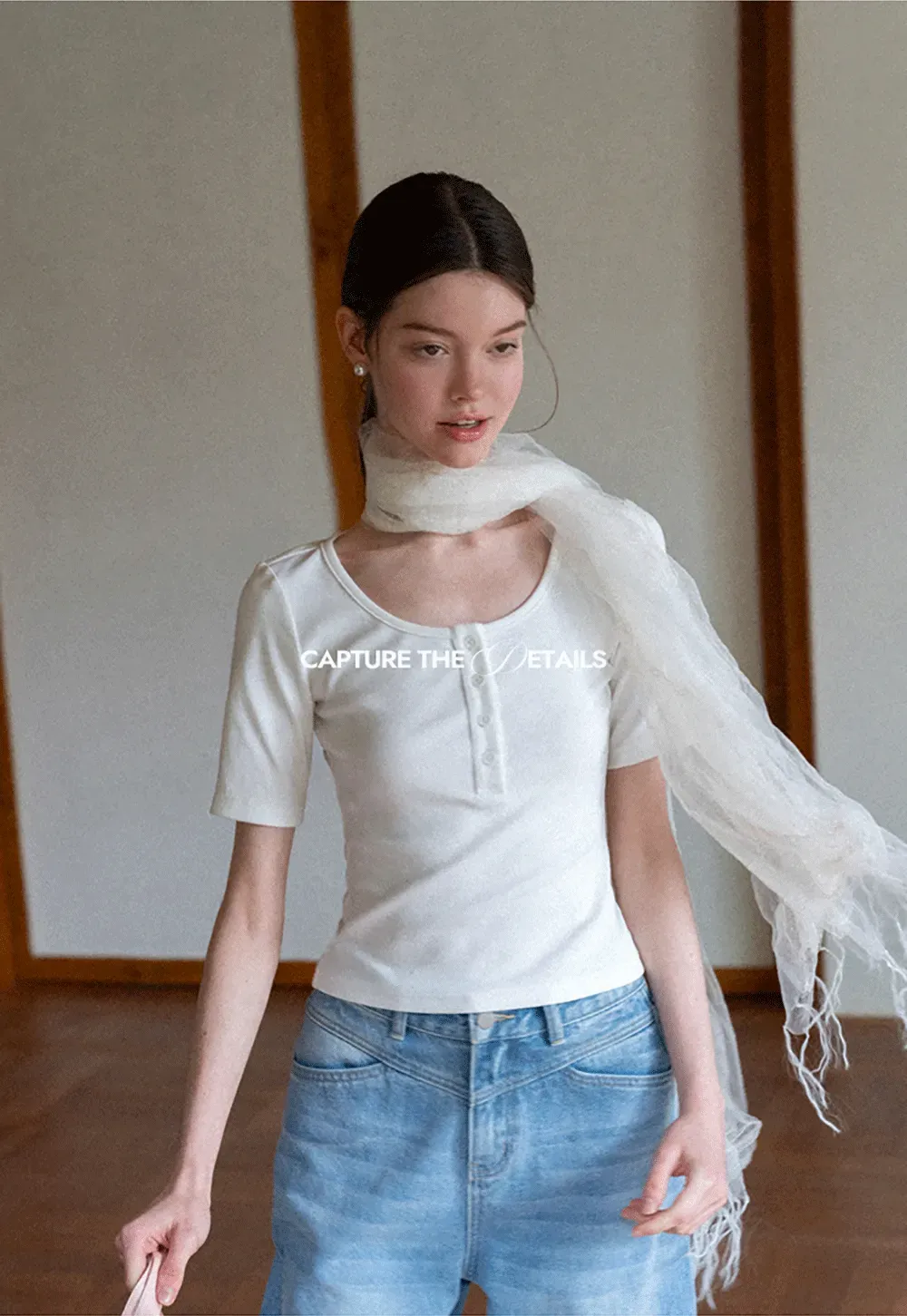 Round Neck Short Sleeve T Shirt With Front Placket Detail