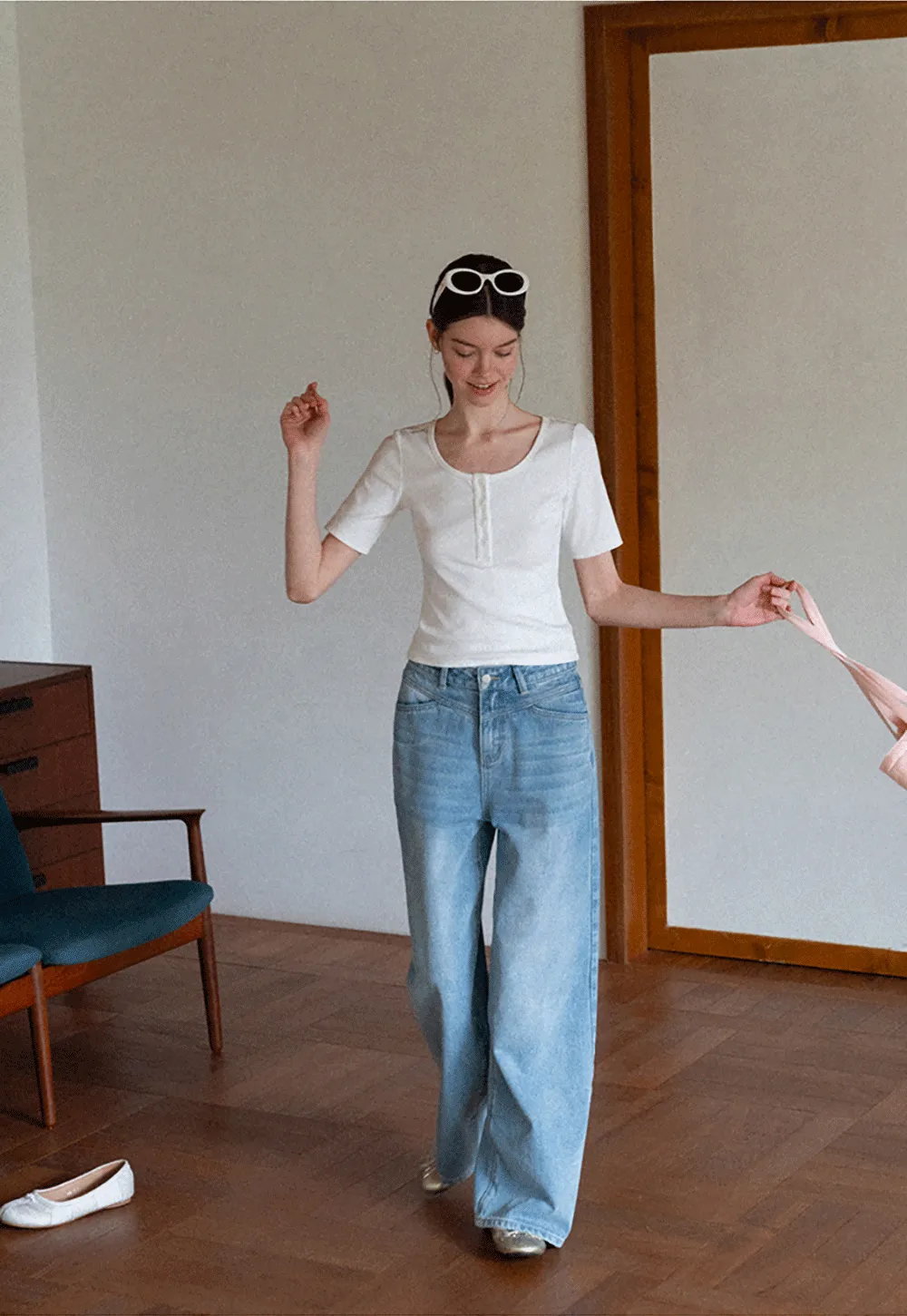 Round Neck Short Sleeve T Shirt With Front Placket Detail