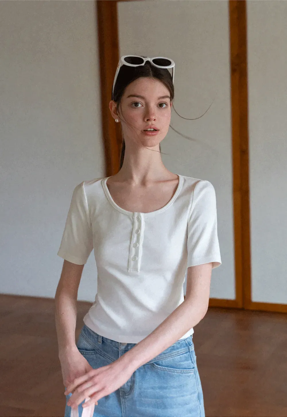 Round Neck Short Sleeve T Shirt With Front Placket Detail