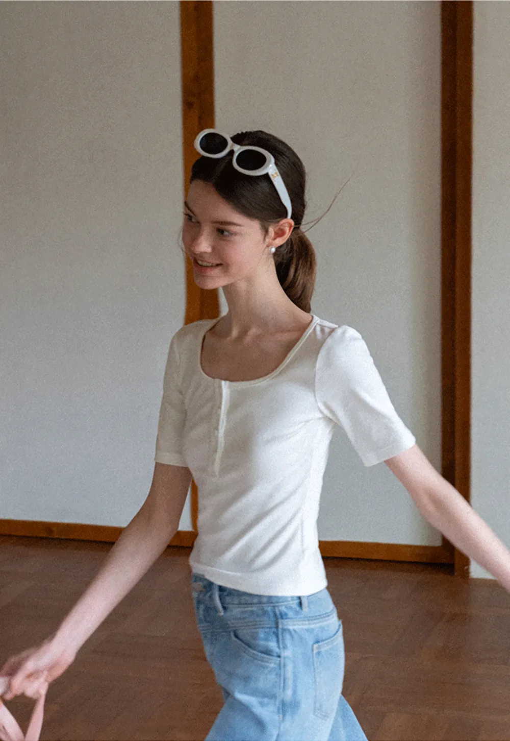 Round Neck Short Sleeve T Shirt With Front Placket Detail