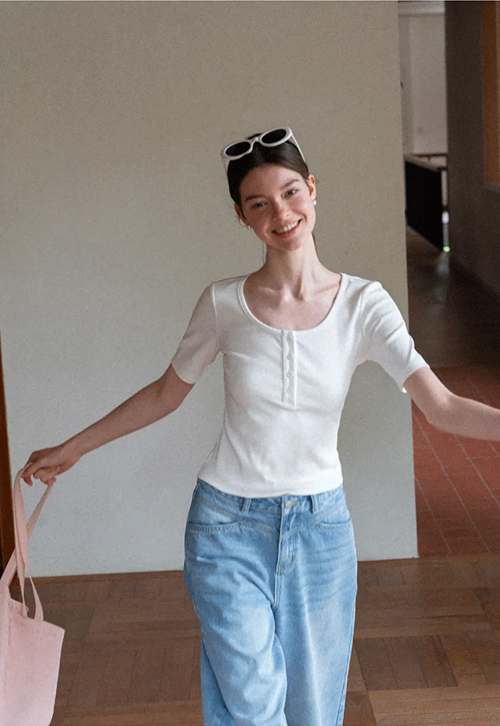 Round Neck Short Sleeve T Shirt With Front Placket Detail