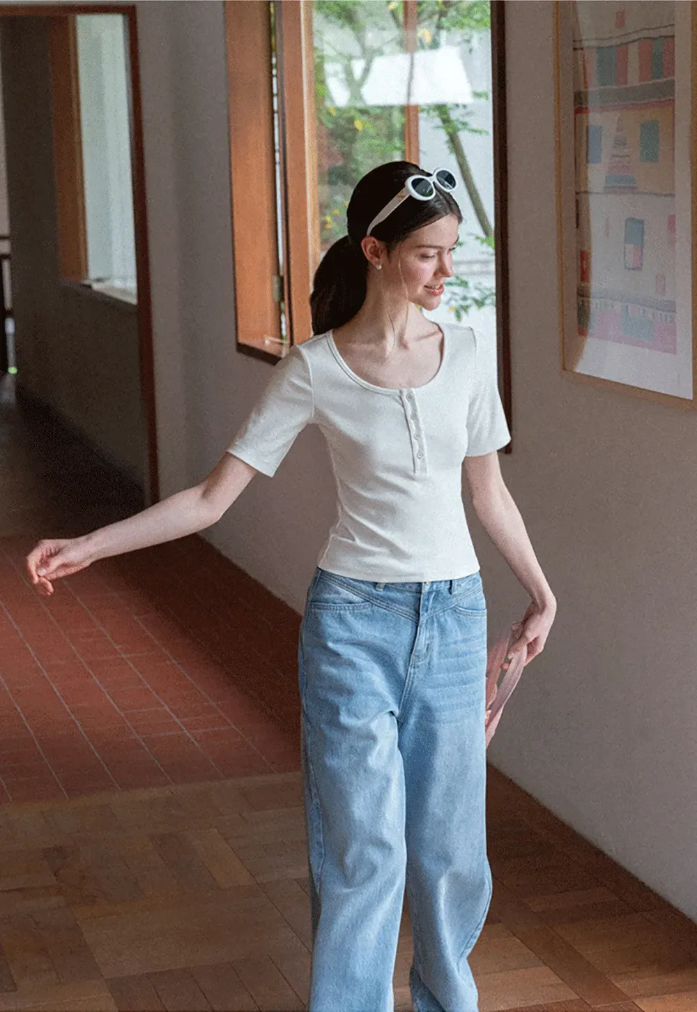 Round Neck Short Sleeve T Shirt With Front Placket Detail