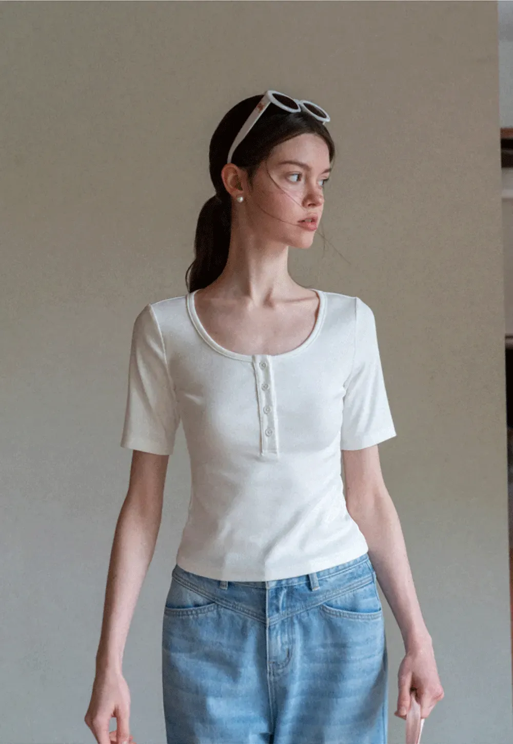 Round Neck Short Sleeve T Shirt With Front Placket Detail