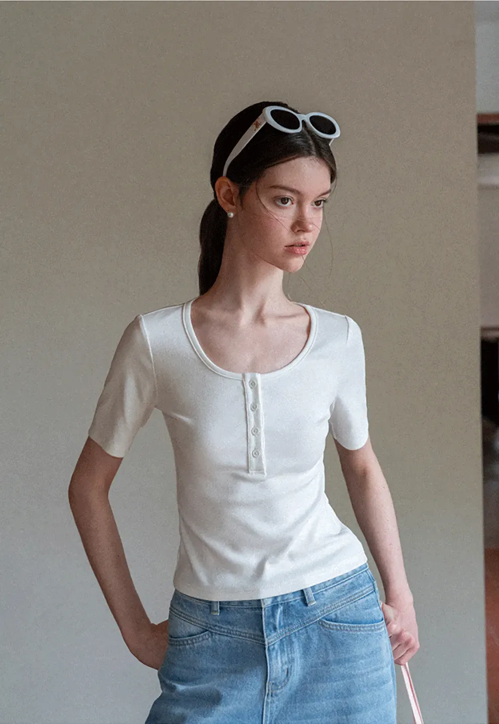 Round Neck Short Sleeve T Shirt With Front Placket Detail