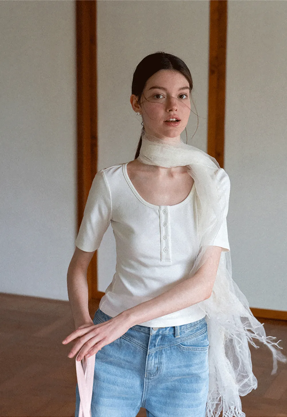 Round Neck Short Sleeve T Shirt With Front Placket Detail