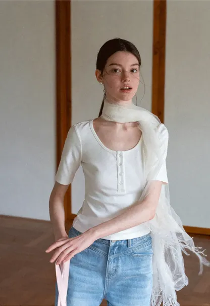 Round Neck Short Sleeve T Shirt With Front Placket Detail