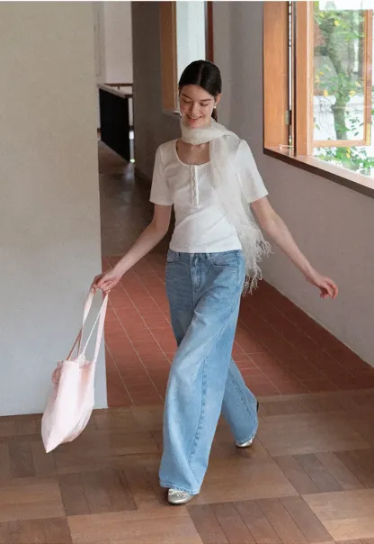 Round Neck Short Sleeve T Shirt With Front Placket Detail