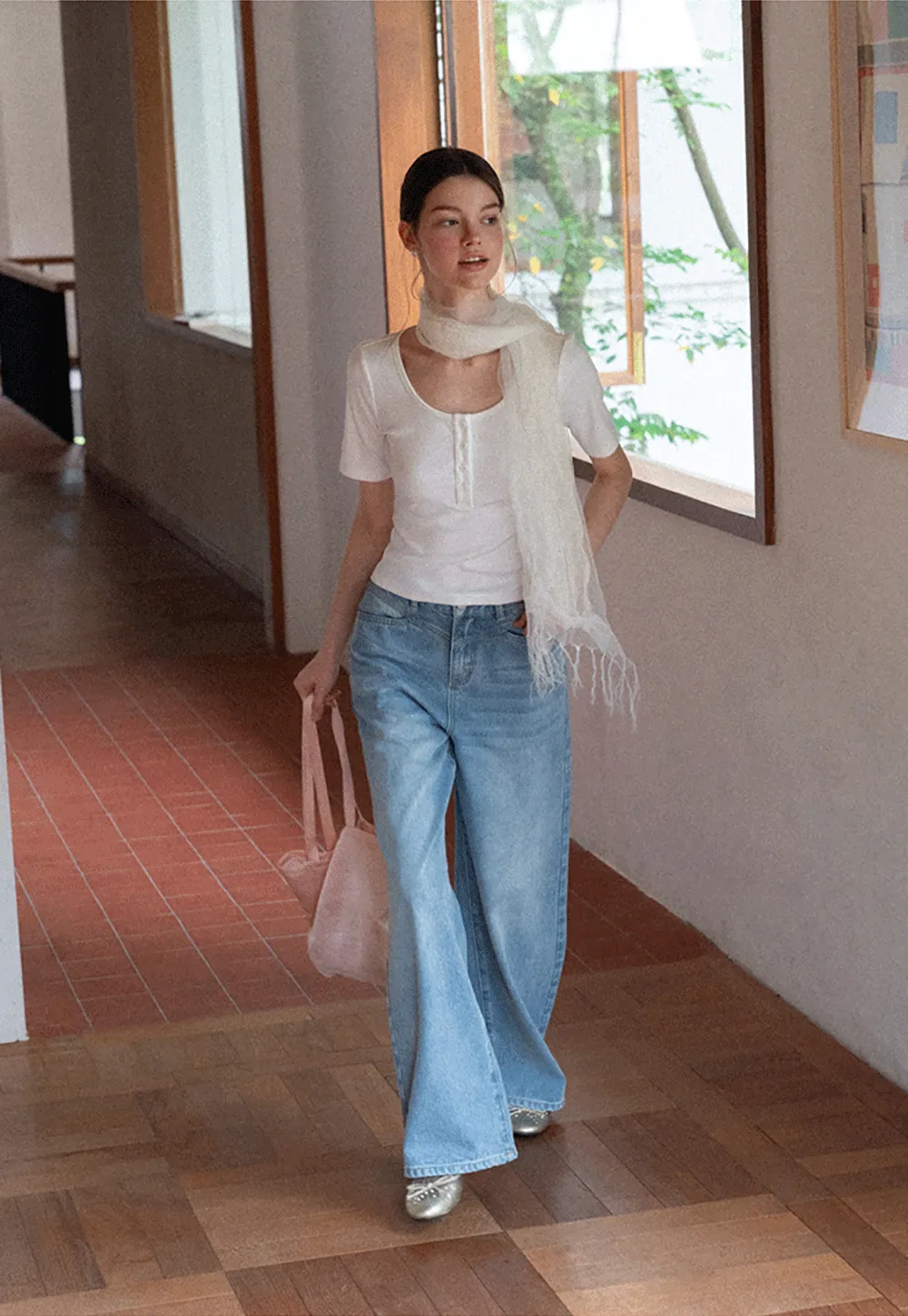 Round Neck Short Sleeve T Shirt With Front Placket Detail