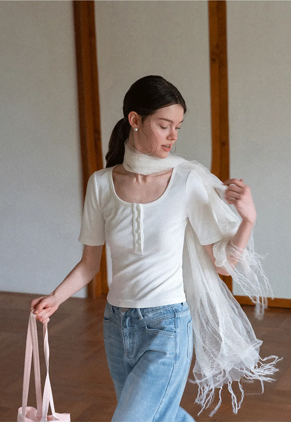 Round Neck Short Sleeve T Shirt With Front Placket Detail