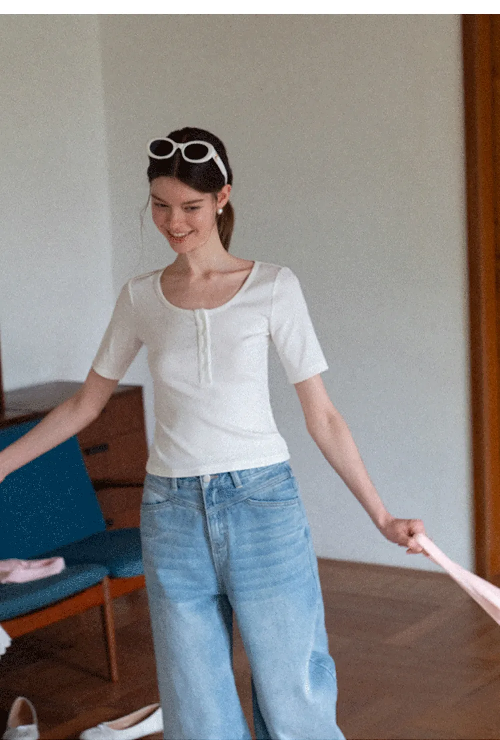 Round Neck Short Sleeve T Shirt With Front Placket Detail