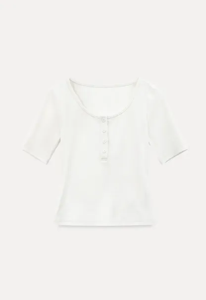 Round Neck Short Sleeve T Shirt With Front Placket Detail