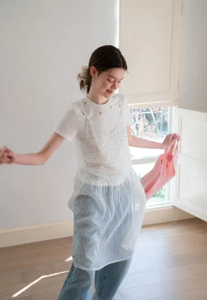 Embroidered Yoke Sheer Overlay T Shirt