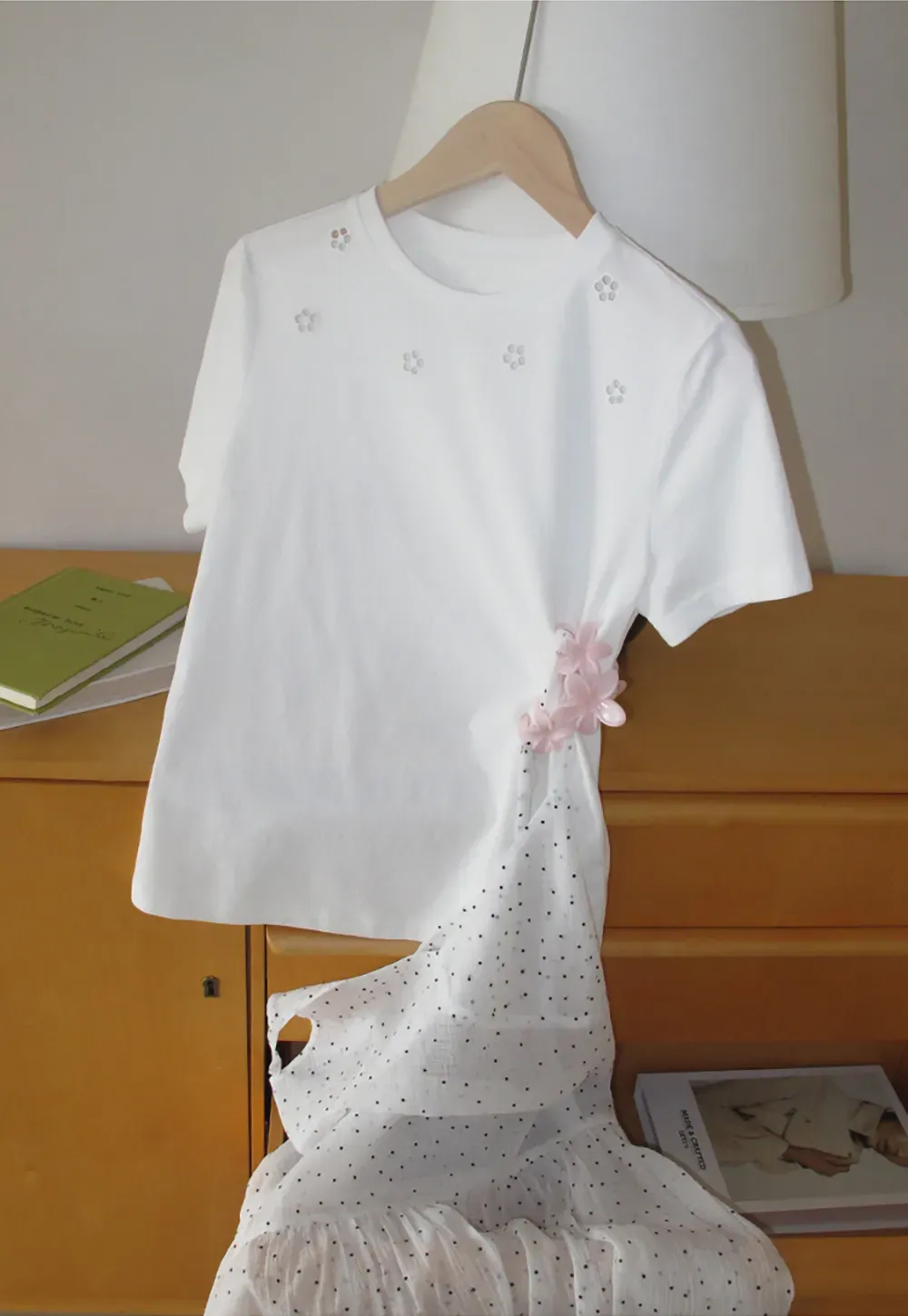 Embroidered Yoke Sheer Overlay T Shirt