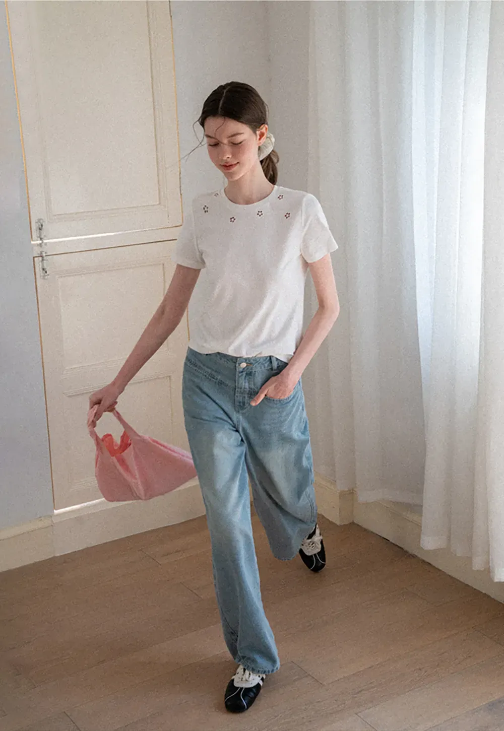 Embroidered Yoke Sheer Overlay T Shirt