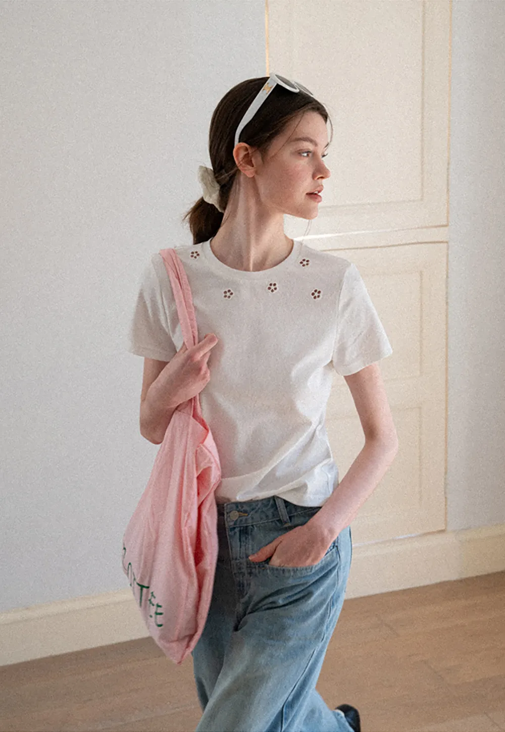 Embroidered Yoke Sheer Overlay T Shirt