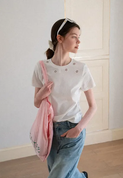 Embroidered Yoke Sheer Overlay T Shirt