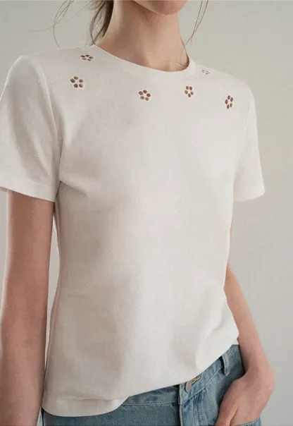 Embroidered Yoke Sheer Overlay T Shirt