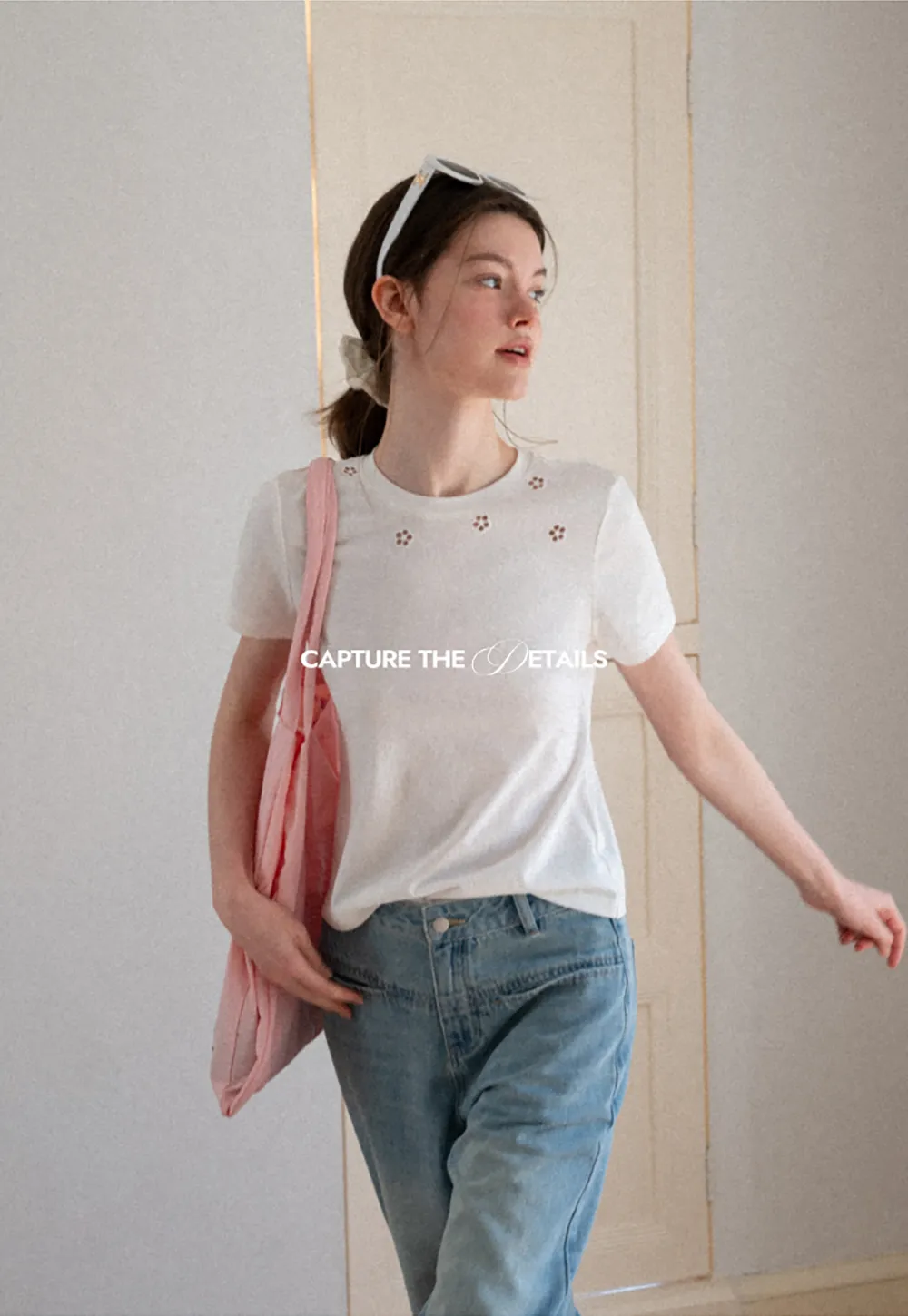 Embroidered Yoke Sheer Overlay T Shirt