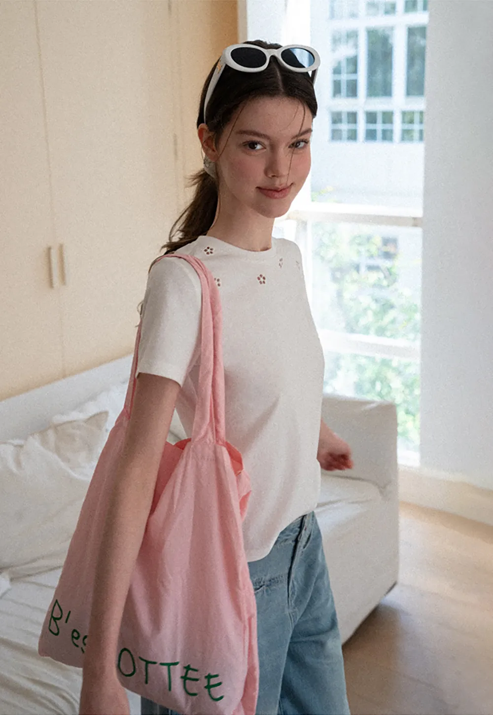 Embroidered Yoke Sheer Overlay T Shirt