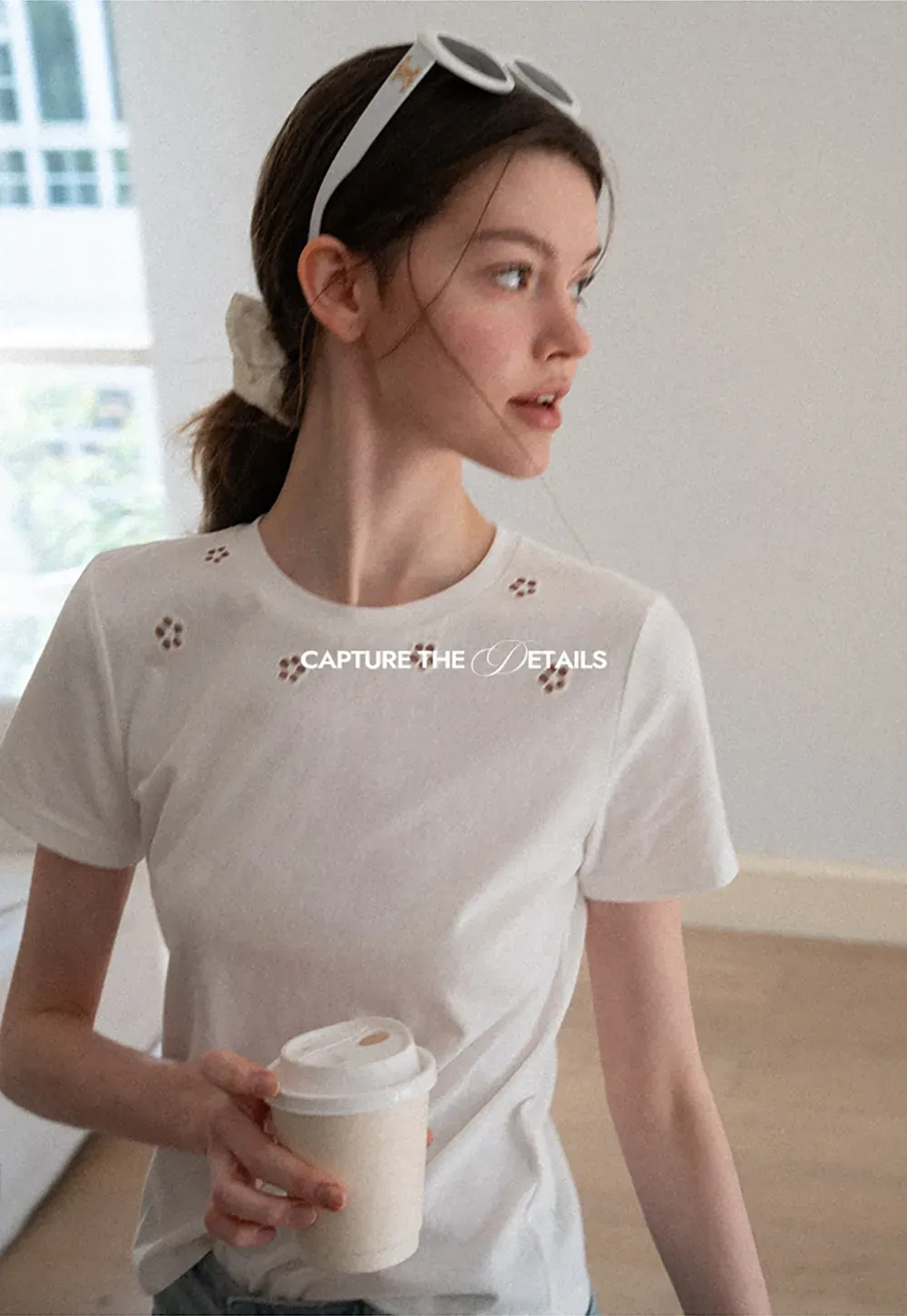 Embroidered Yoke Sheer Overlay T Shirt