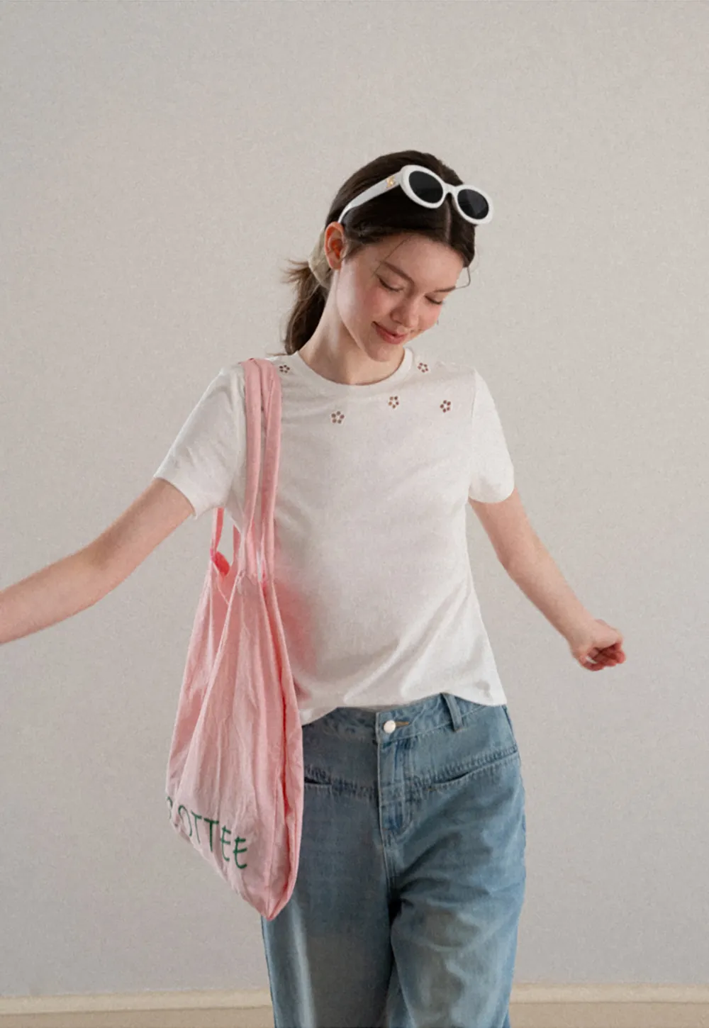 Embroidered Yoke Sheer Overlay T Shirt