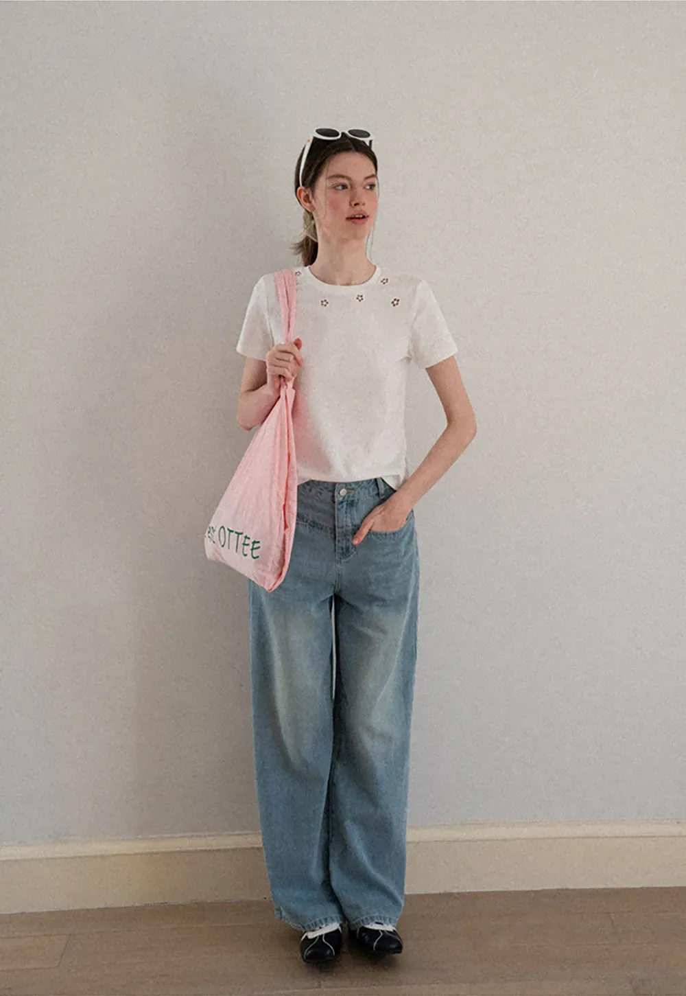 Embroidered Yoke Sheer Overlay T Shirt