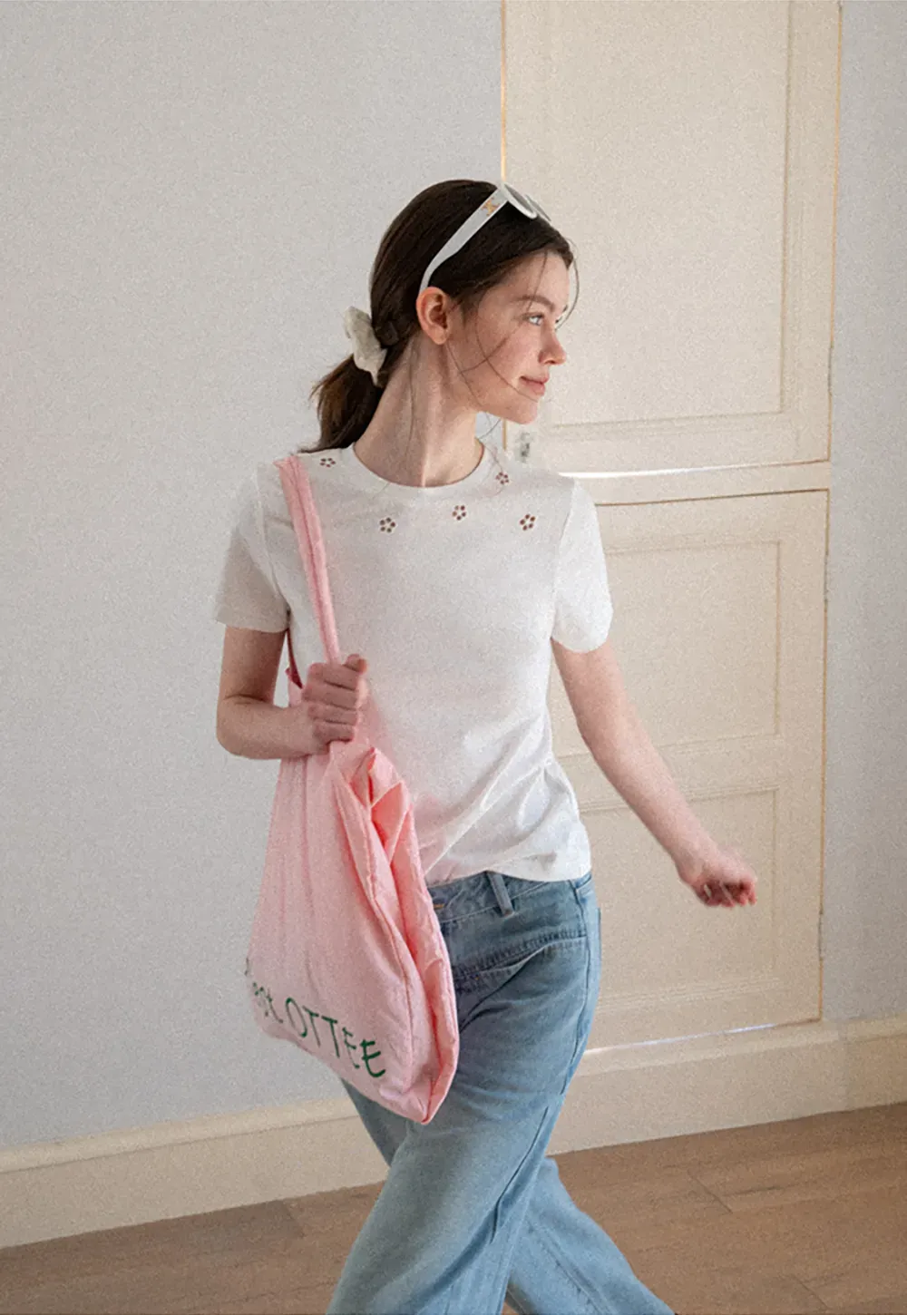 Embroidered Yoke Sheer Overlay T Shirt