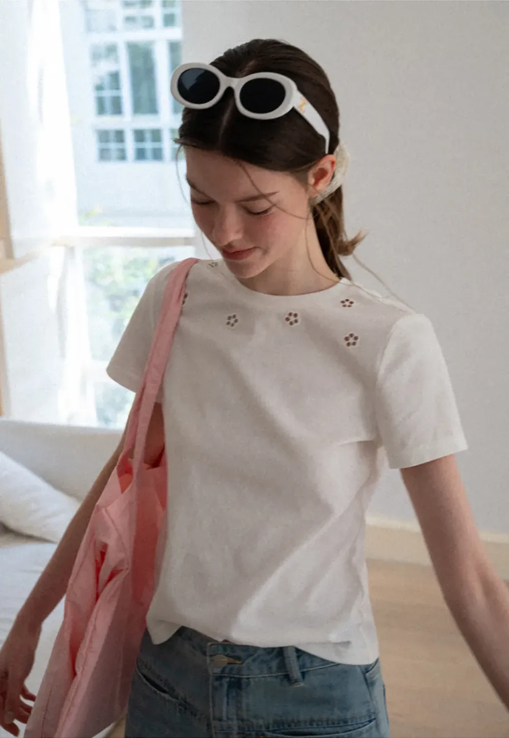 Embroidered Yoke Sheer Overlay T Shirt