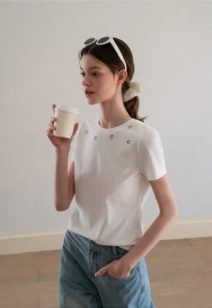 Embroidered Yoke Sheer Overlay T Shirt