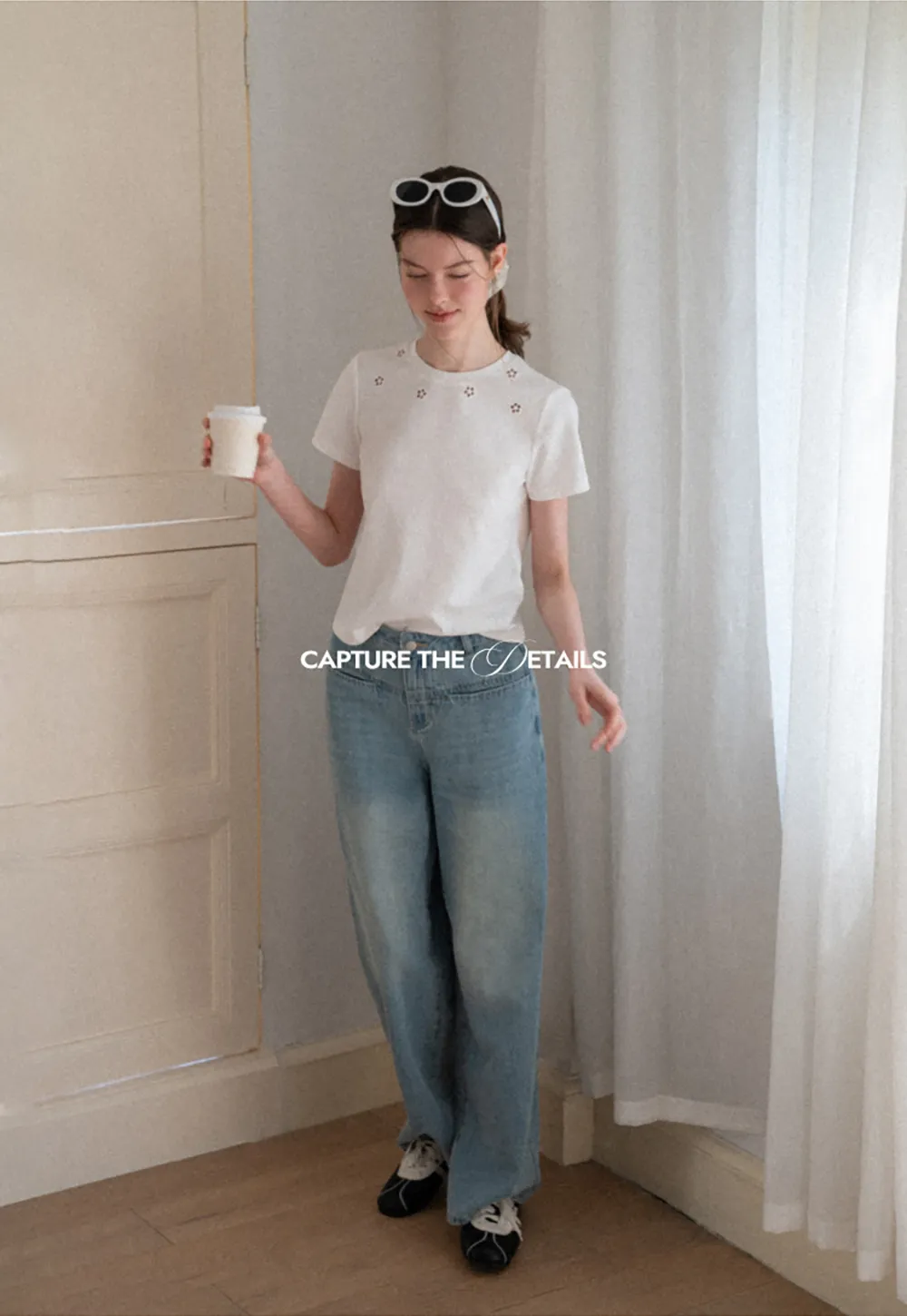 Embroidered Yoke Sheer Overlay T Shirt