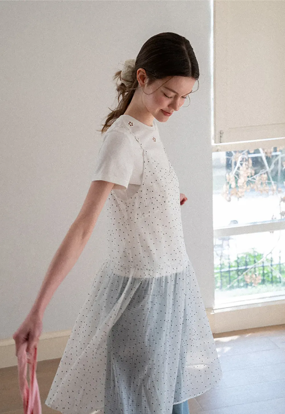 Embroidered Yoke Sheer Overlay T Shirt
