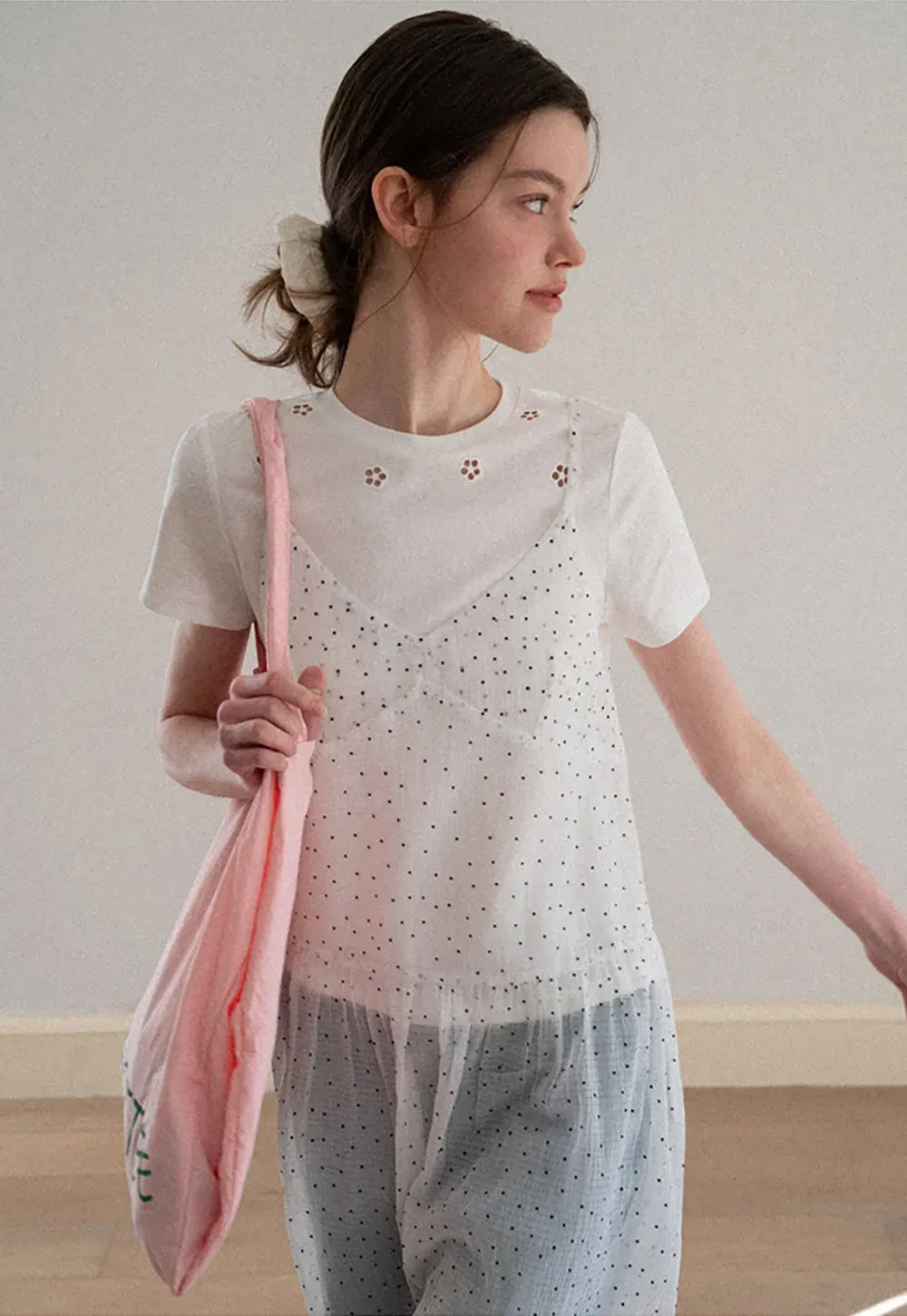 Embroidered Yoke Sheer Overlay T Shirt