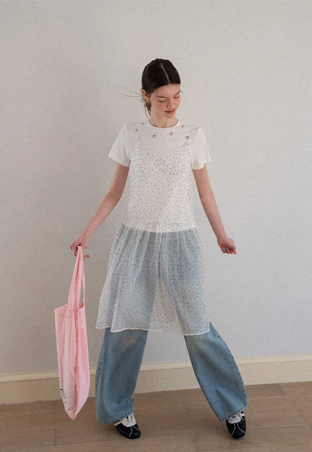 Embroidered Yoke Sheer Overlay T Shirt