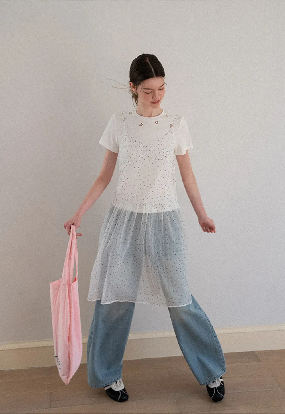 Embroidered Yoke Sheer Overlay T Shirt