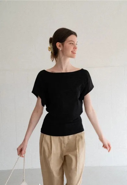 Relaxed Fit Boat Neck Short Sleeve T Shirt